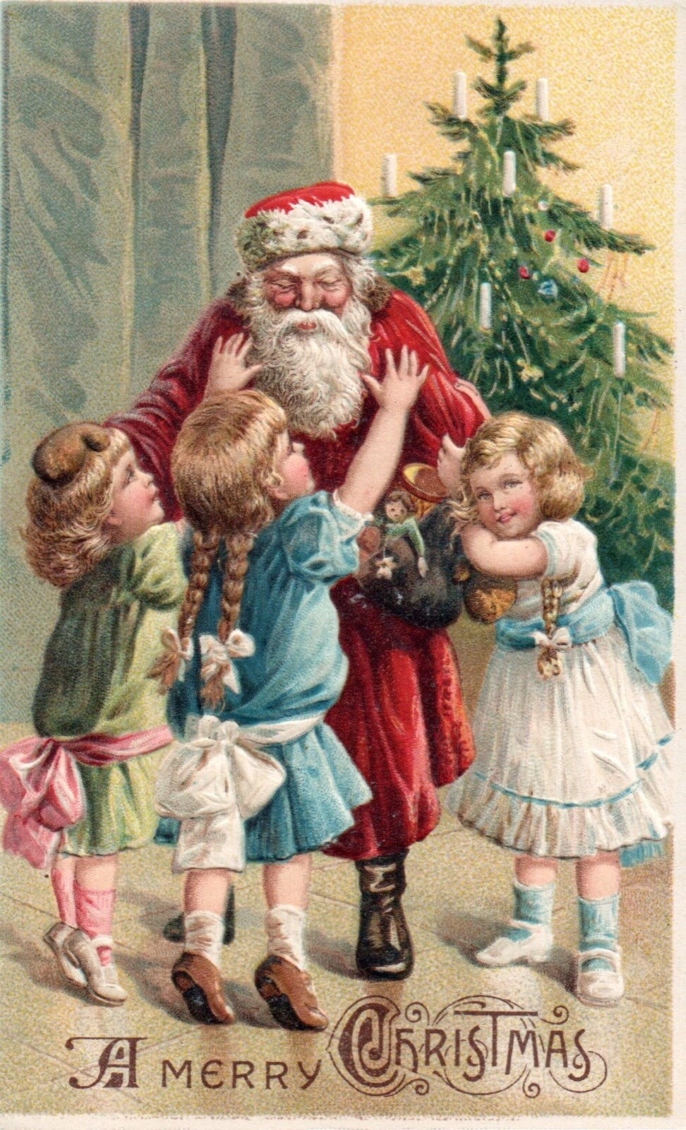 A Merry Christmas Children Reaching For Santa & Presents Santa Postcard