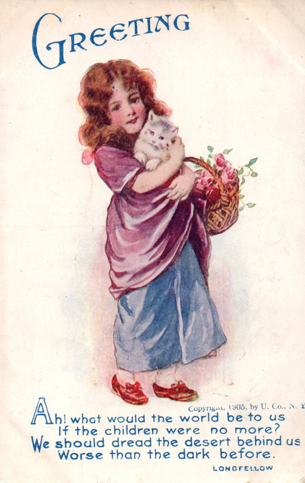 Early 1905 Children Girl with Cat Longfellow Poem  Postcard