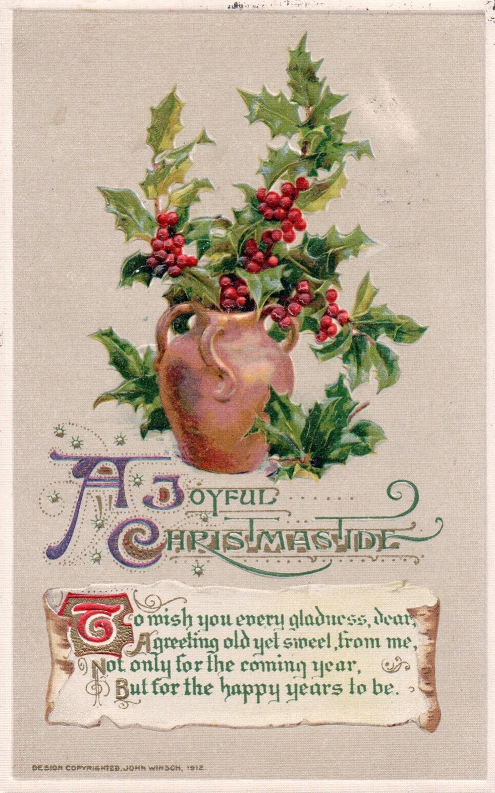 John Winsch A Joyful Christmastide Holly in Pot Vintage Postcard