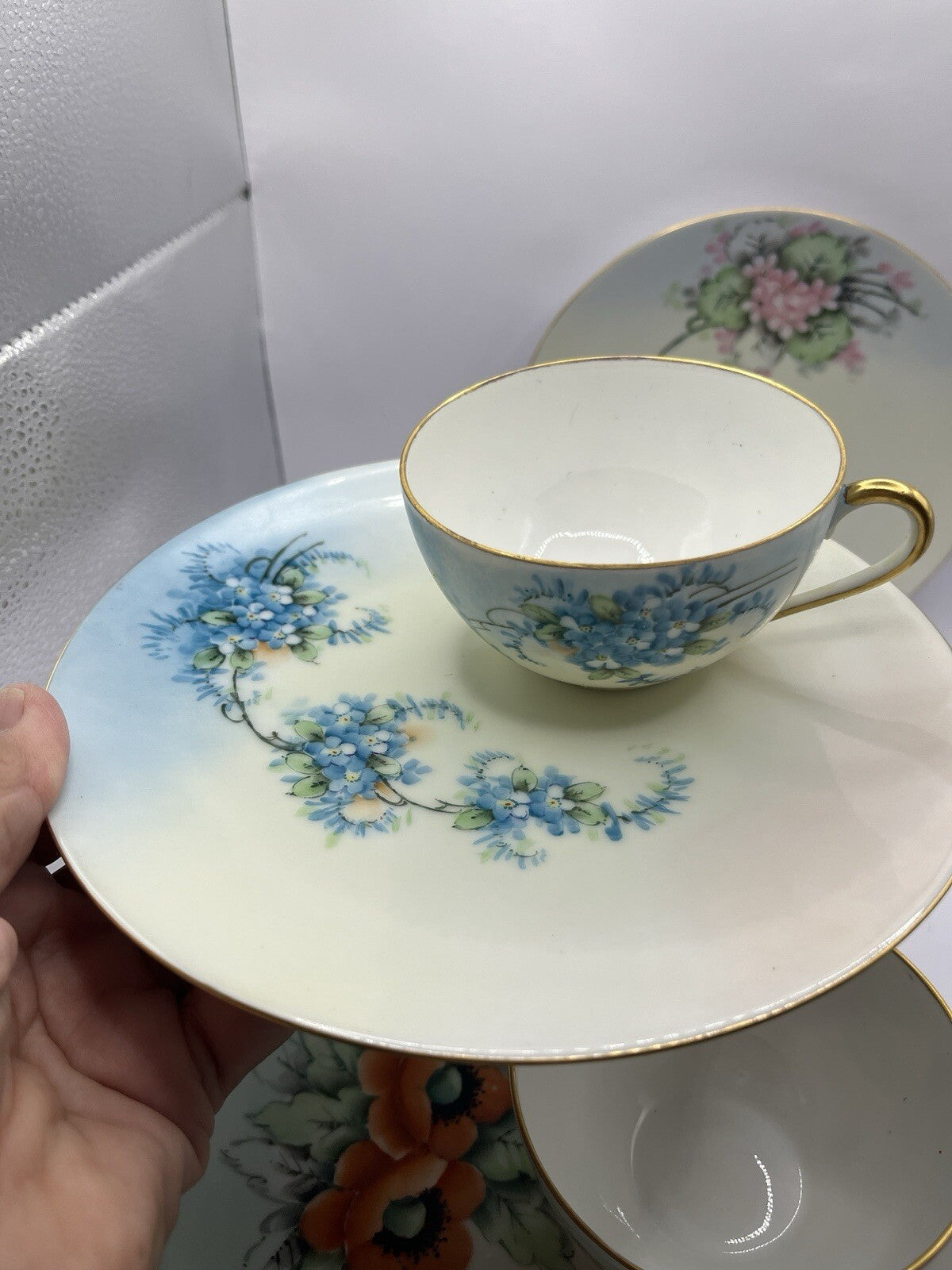 Vintage 6 Nippon 2 Piece Set Sandwich Plate & Cup W/Gold Trim And Flowers