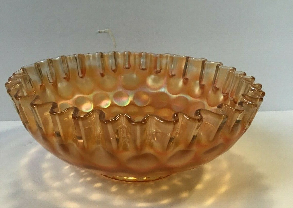 7 1/2" Marigold Coin dot Pattern Small Ribbon Edge Iridescent Carnival Glass 