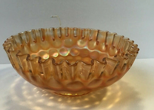 7 1/2" Marigold Coin dot Pattern Small Ribbon Edge Iridescent Carnival Glass 