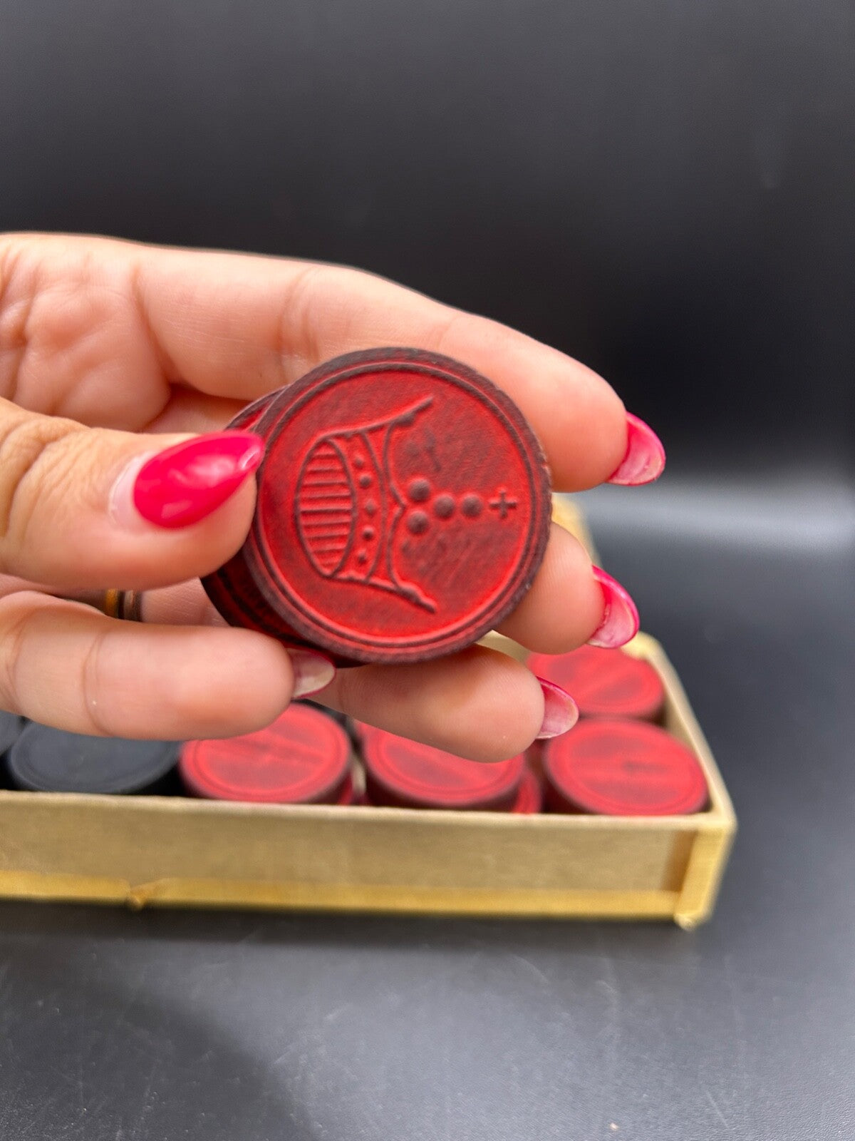 40's Halsam Wooden Checker Pieces Empire State Crowns Set Of 30 Red black Wood