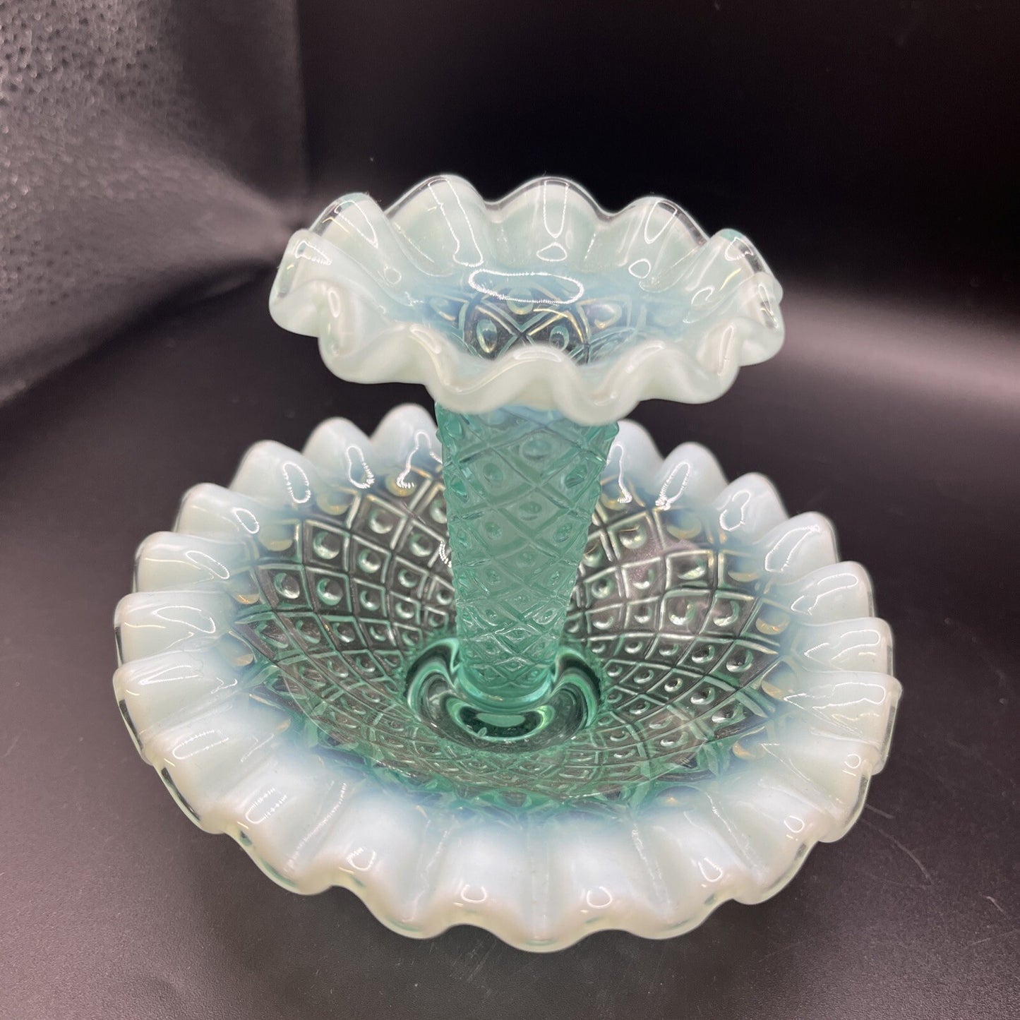 Vintage Fenton Blue/green  Opalescent Epergne Vase 1940s Hobnail Horned Vase