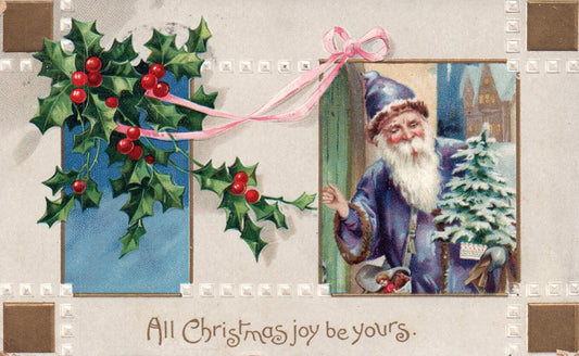 All Christmas Joy Be Your Purple Robe Santa with Holly  Vintage Santa Postcard