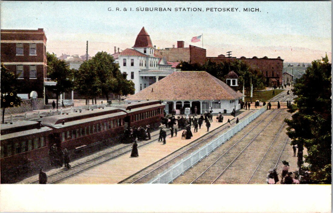 G R & I Suburban Railroad Station Petoskey MI Michigan Mich Postcard