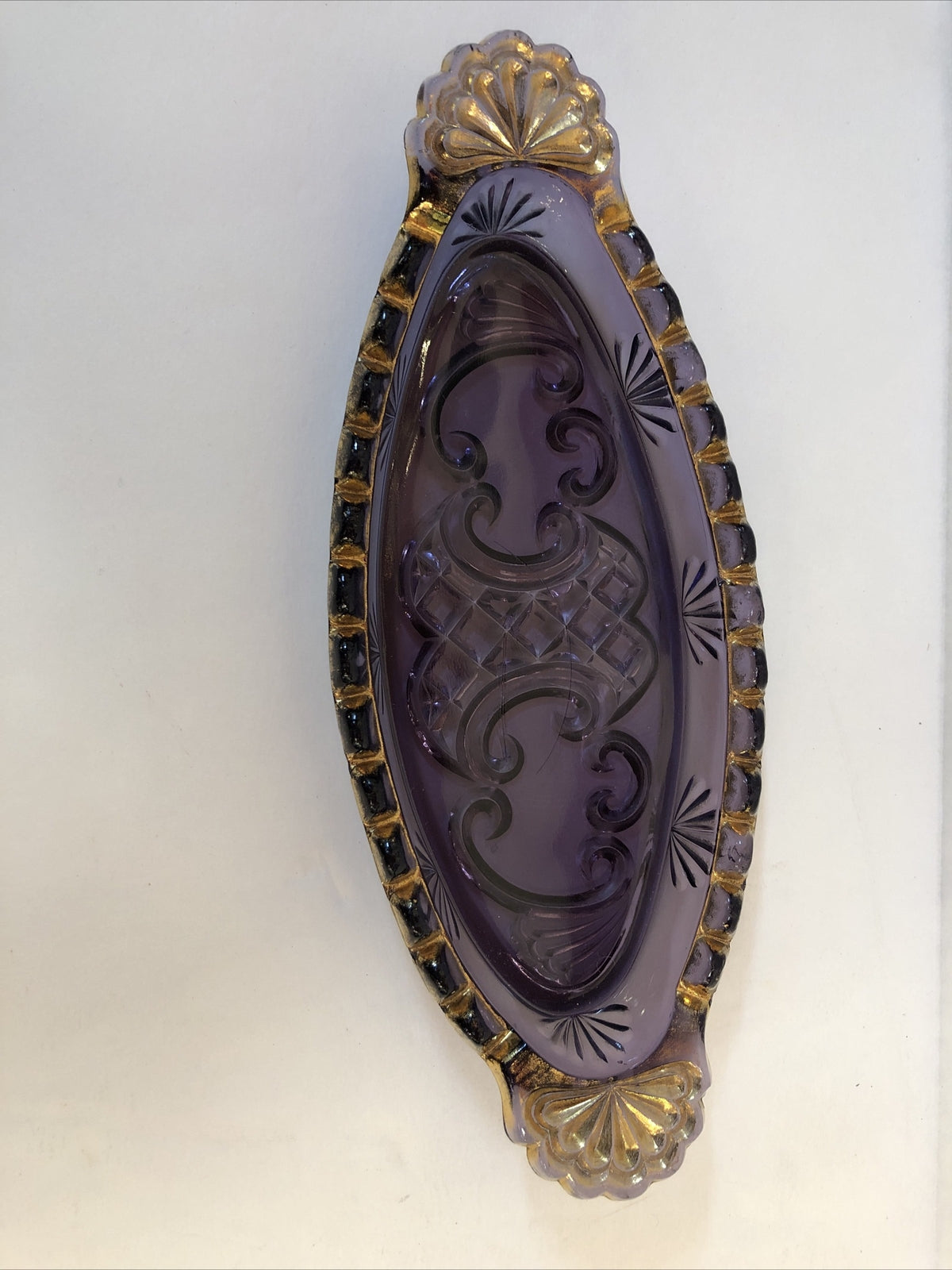 Rare vintage Amethyst Pickle Dish Pressed Glass Scalloped Gold Edging