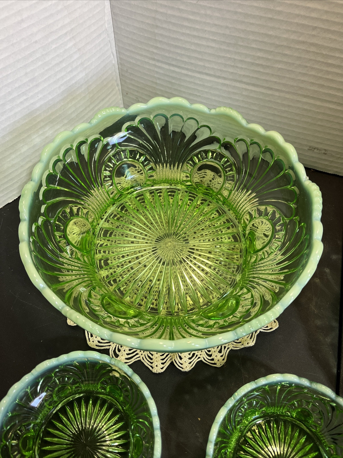 Antique Jefferson Glass 1907 Tokyo Green Opalescent Large, Med & 5 Small Bowls