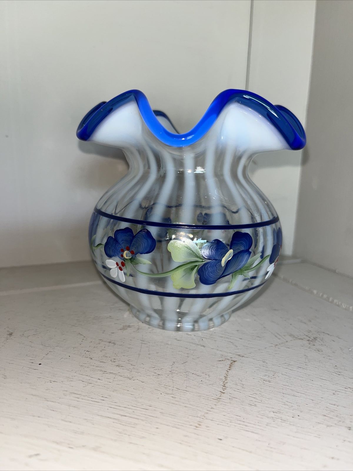 Fenton Spiral Optic Opalescent Glass Blue Crest Hand Painted Floral 4 1/2" Vase
