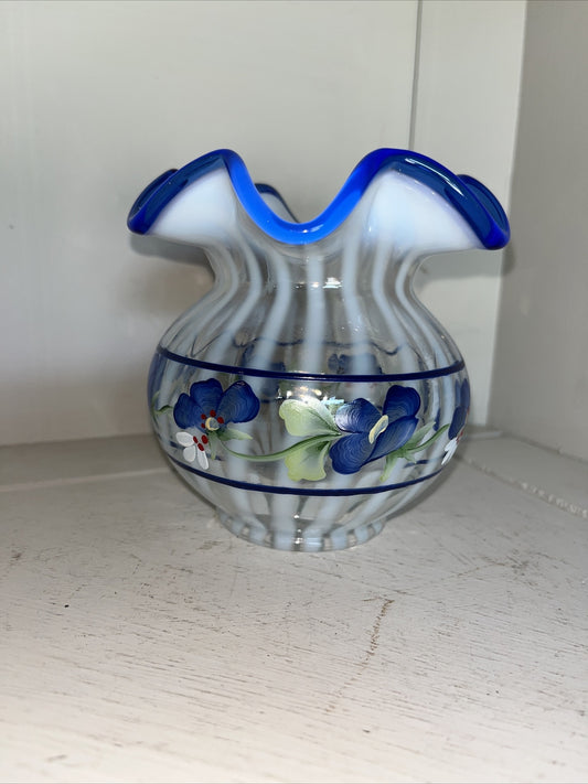 Fenton Spiral Optic Opalescent Glass Blue Crest Hand Painted Floral 4 1/2" Vase