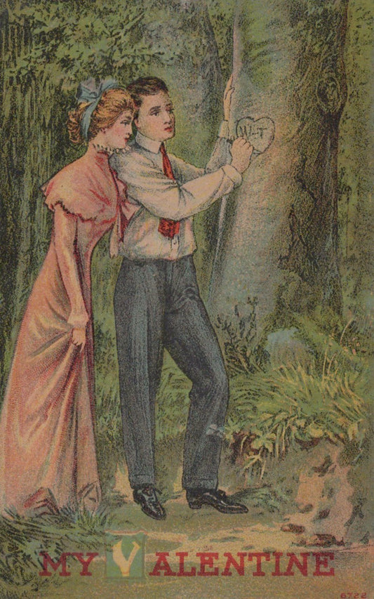 Man with Woman Carves Initials in Tree Valentines Postcard 6722