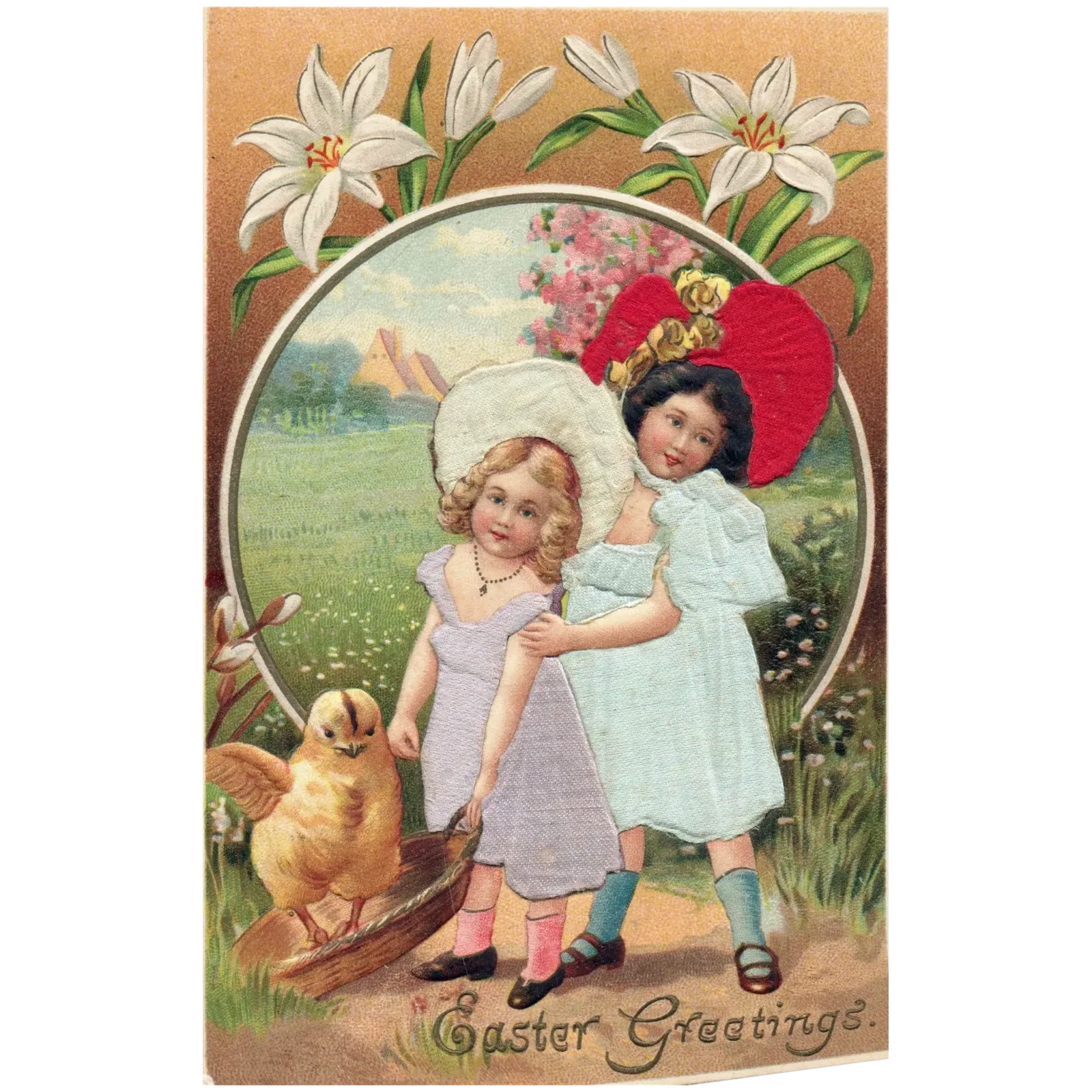 Easter Greetings Little Girls Holding Chick Basket Vintage Silk Easter Postcard