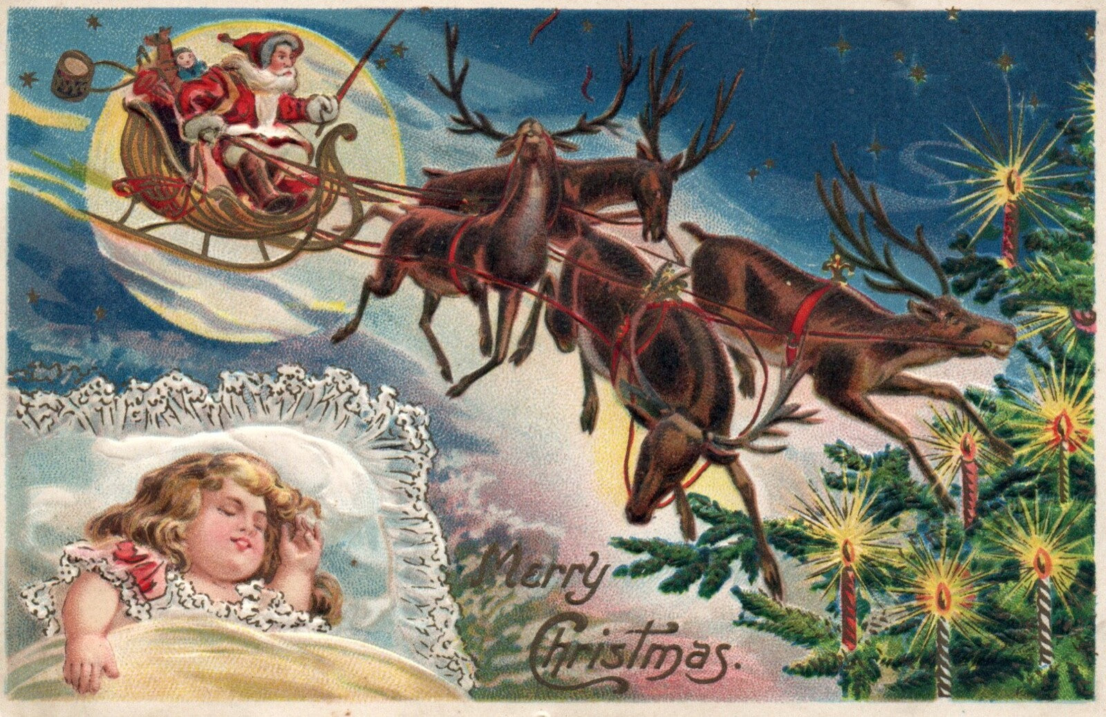 Merry Christmas Child Dreaming of Santa in Sleigh Vintage Santa Postcard