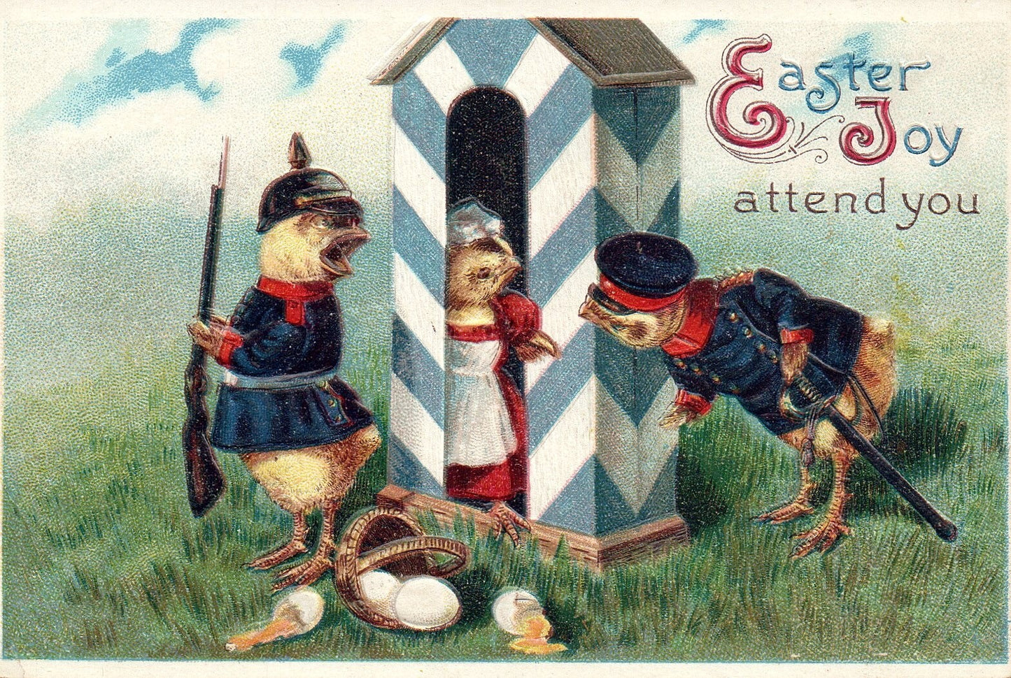 Easter Joy Attend You Soldier Chicks Guardhouse Eggs Vintage Easter Postcard