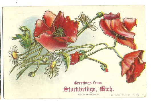 Stockbridge MI Michigan Mich Red White Flowers Greetings Postcard