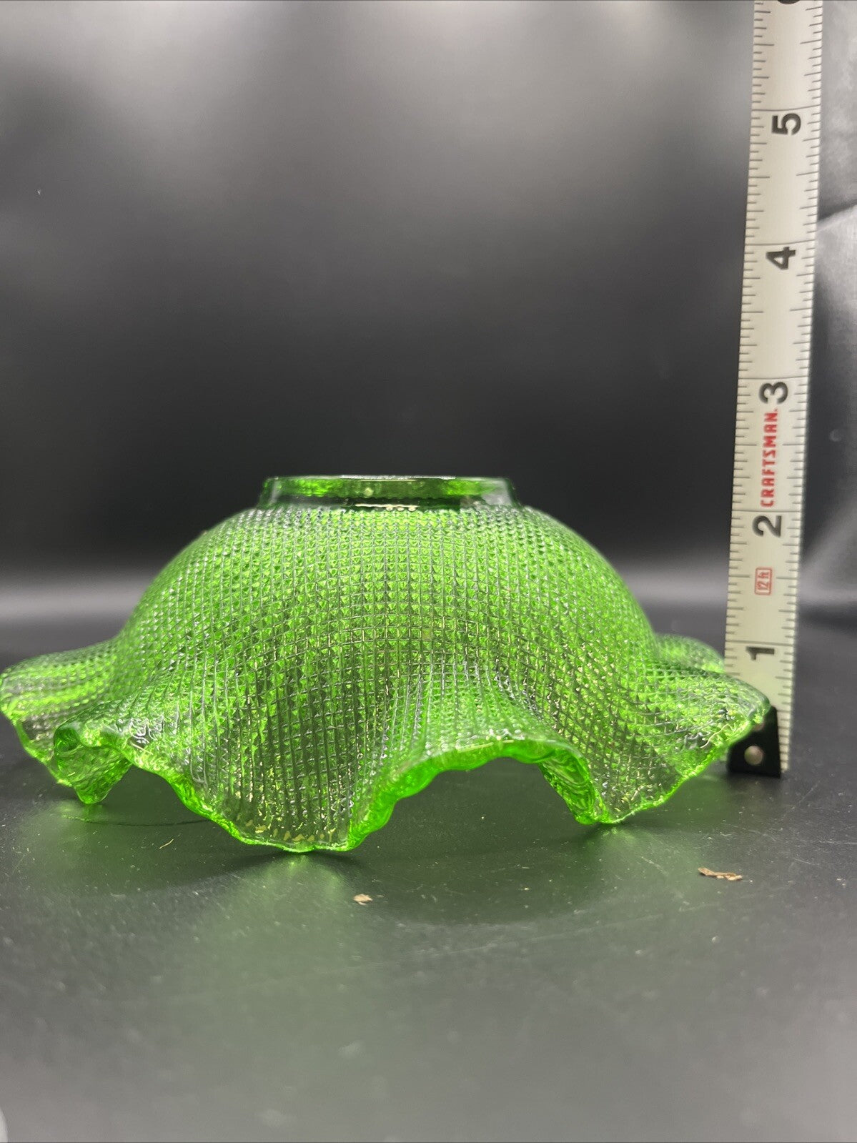 Vintage Green Glass Waffle Pattern Bowl With Ruffled Edge