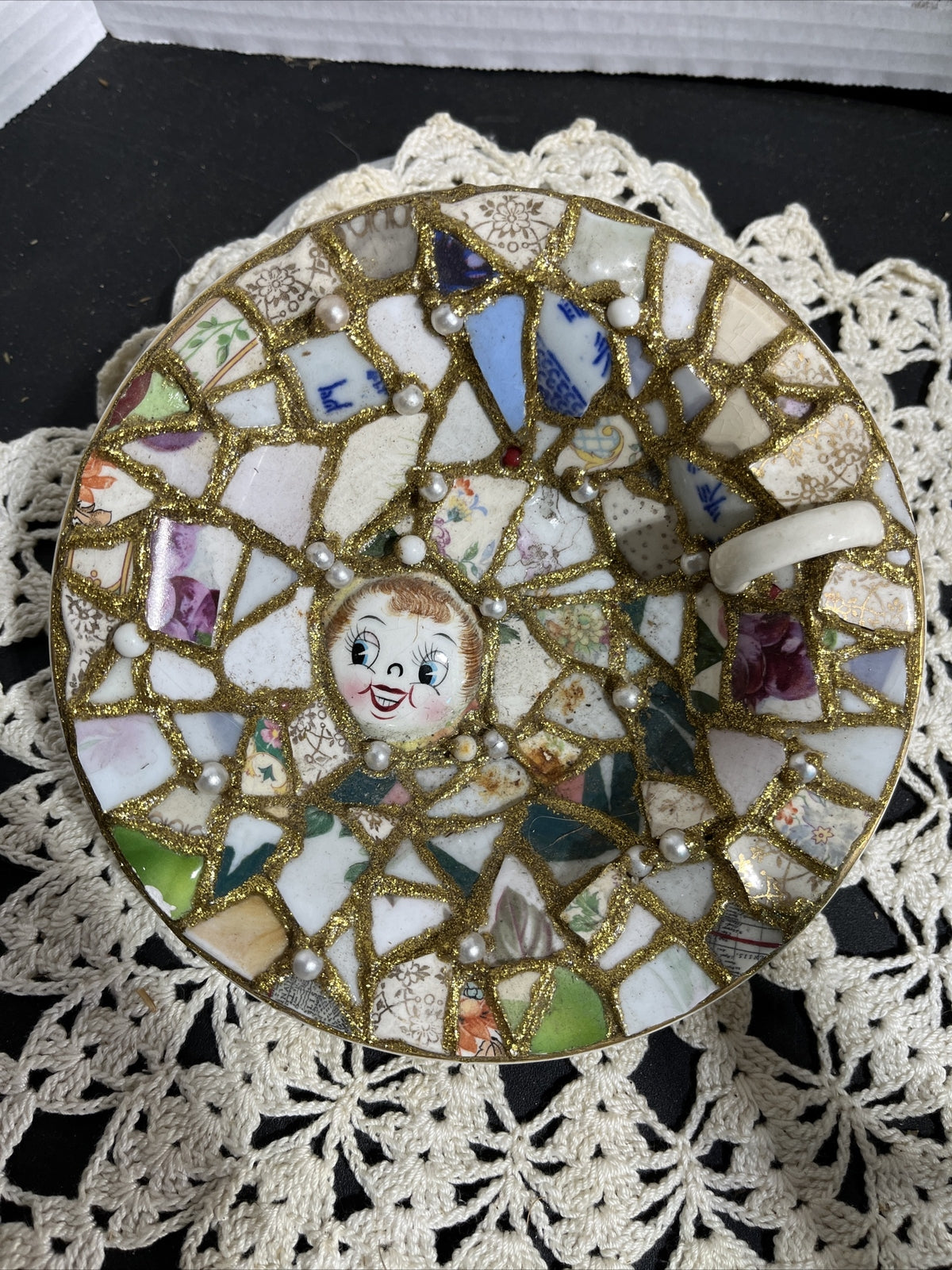 Vintage Hand Cut & Made Mosaic Vintage China Pieces, Funky Fun Piece