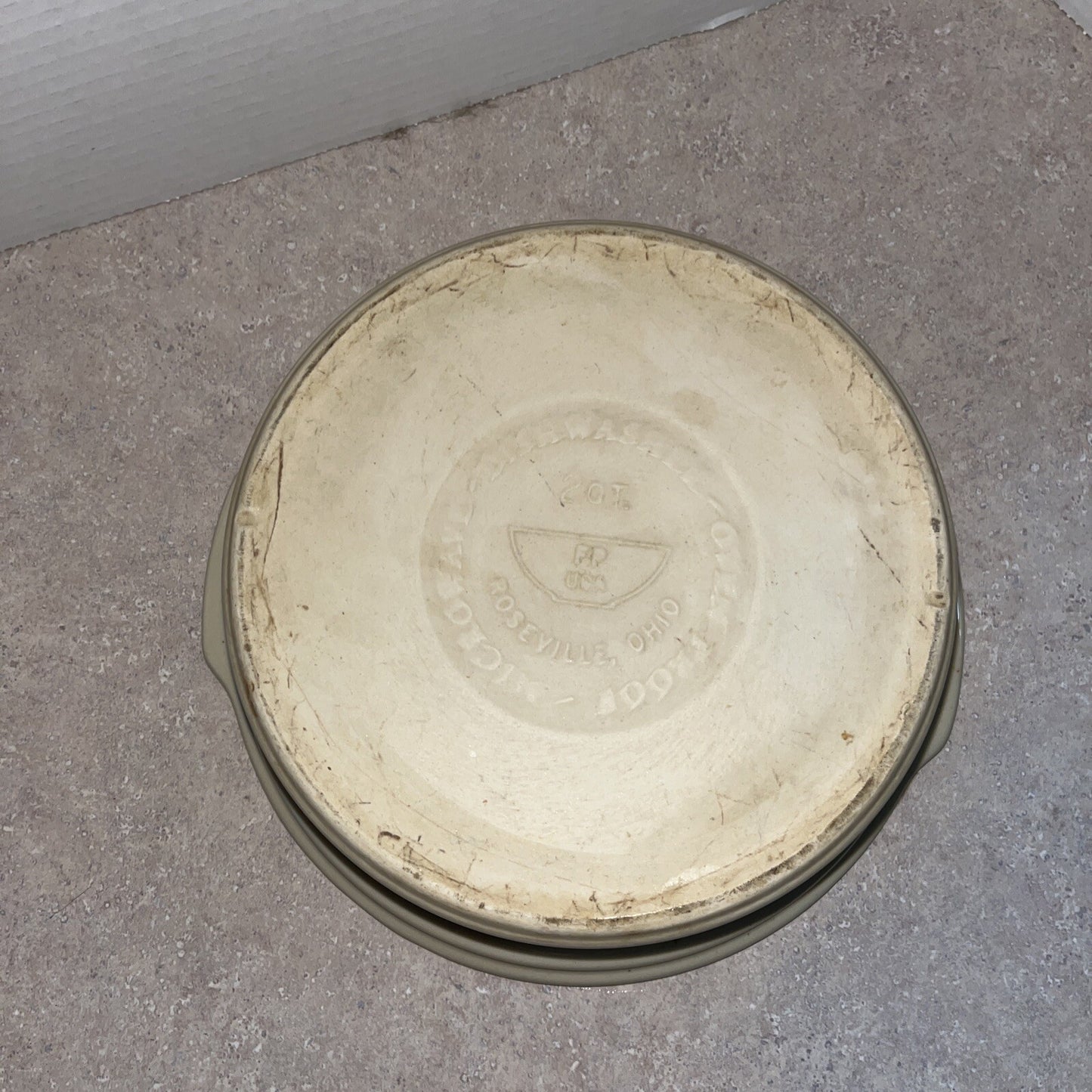 Bowl by Roseville Ohio Friendship Pottery BLUE PATTERN on STONE BACKGROUND 10.5”