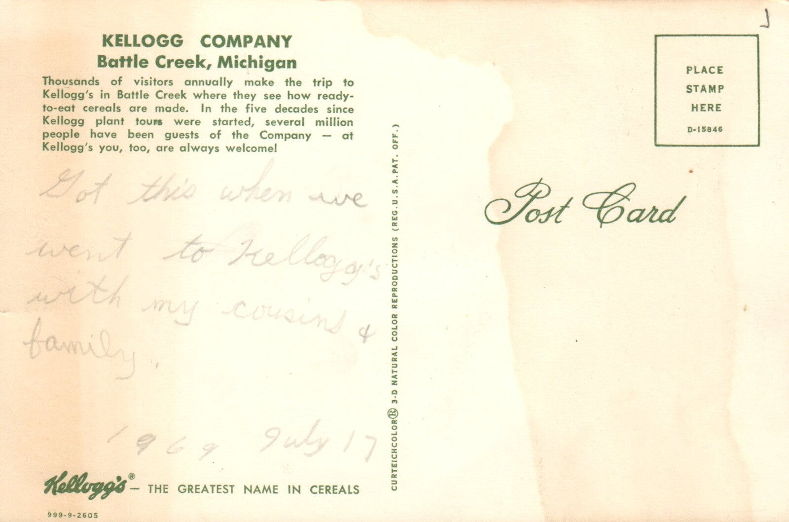 "Kellogg's Puts MORE in Your Morning" Battle Creek MI Michigan Postcard