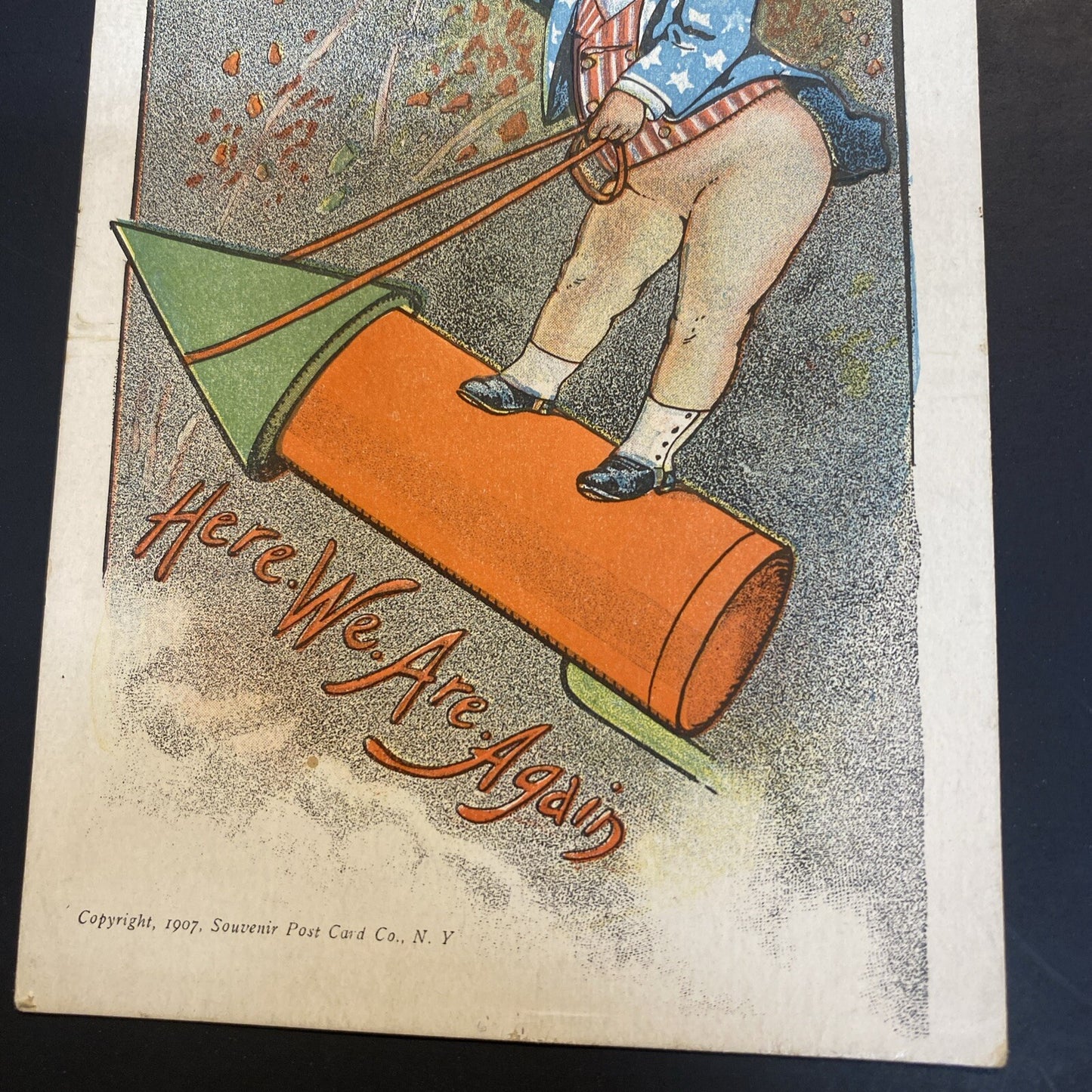 Rare 1907 Fourth of July Patriotic Postcard Here We Go Again Uncle Sam Rocket