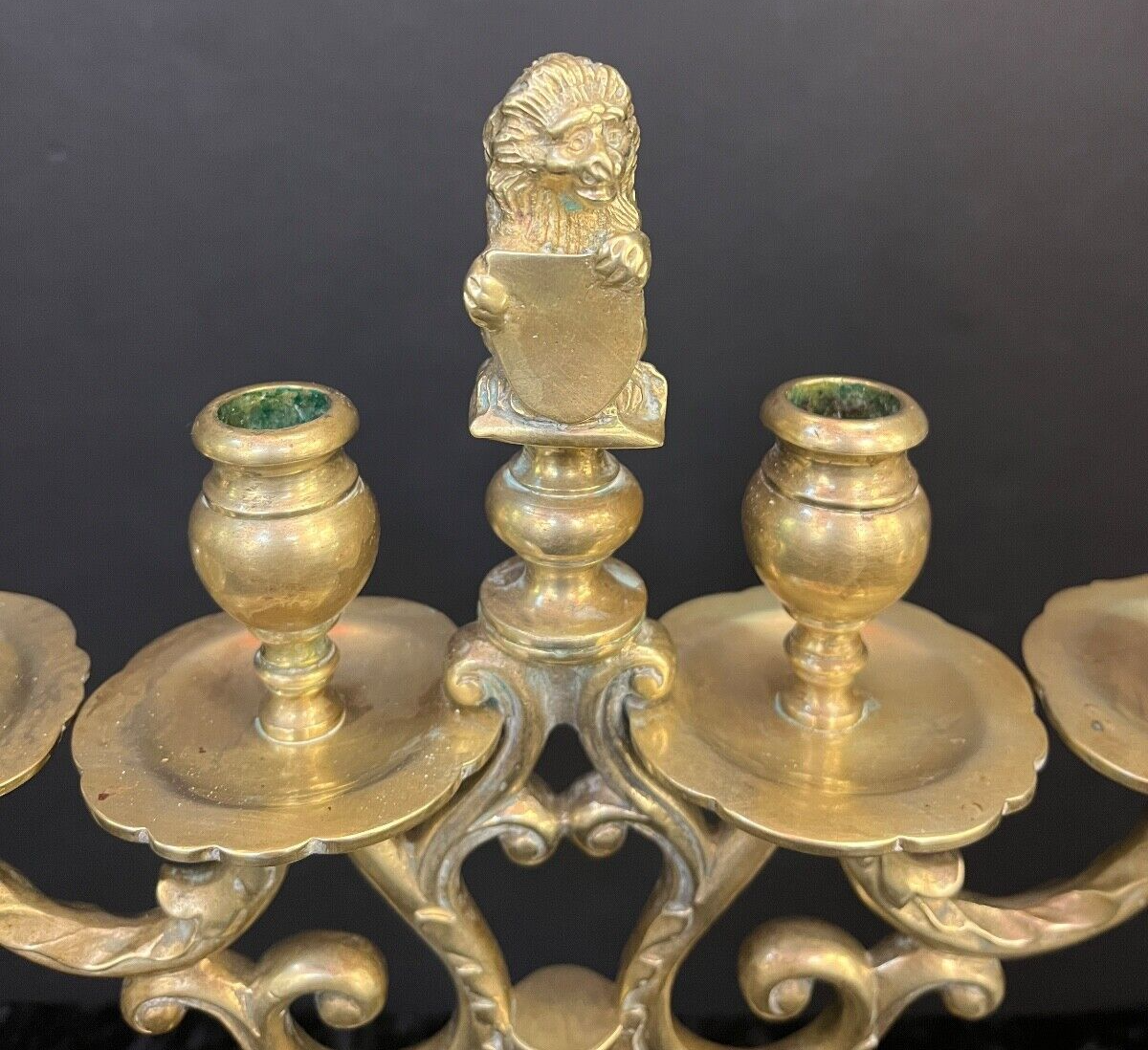 Vintage Brass Candelabra with Lion Holding Shield Amsterdam Netherlands Dutch