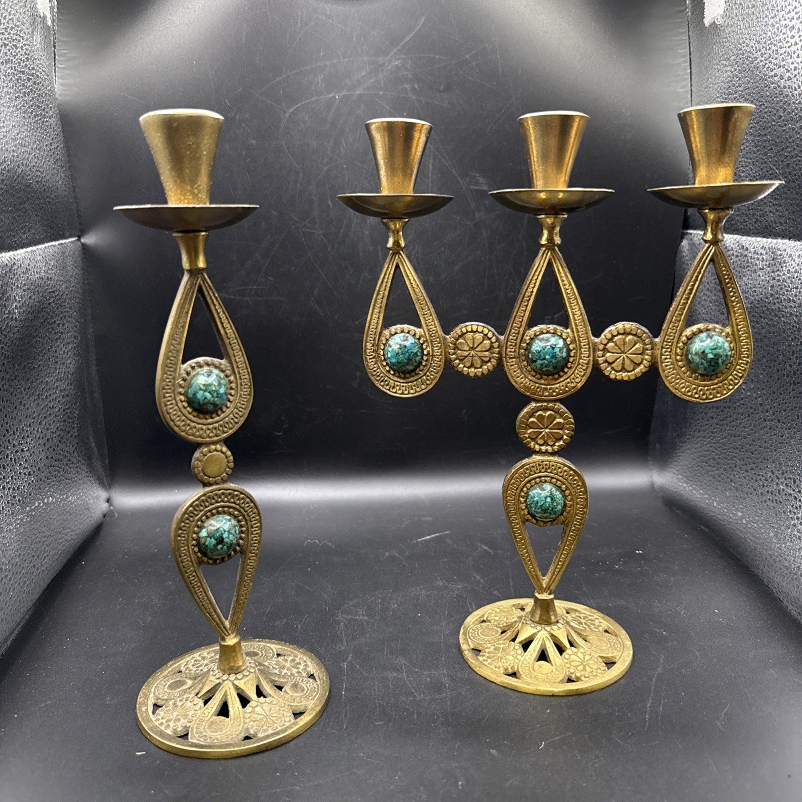 Vtg Israelian holyland brass candlesticks w/green Eliats