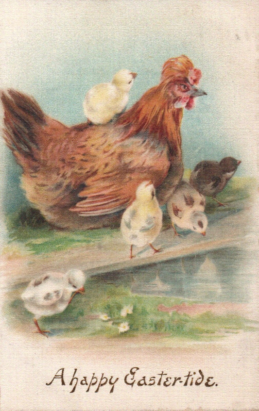 A Happy Eastertide Hen with Chicks Silk Vintage Easter Postcard