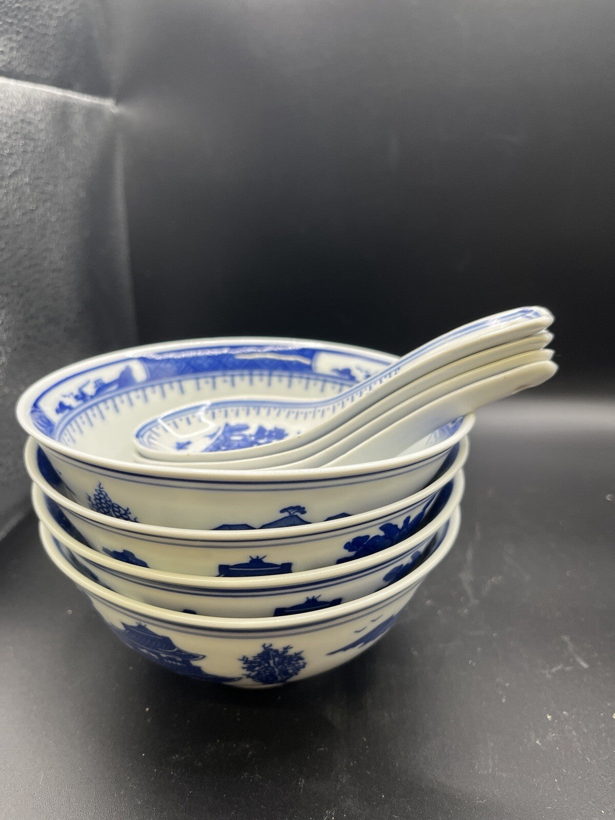 8 PC Chinese Blue White Porcelain Rice Pattern Soup Bowl Matching Spoon