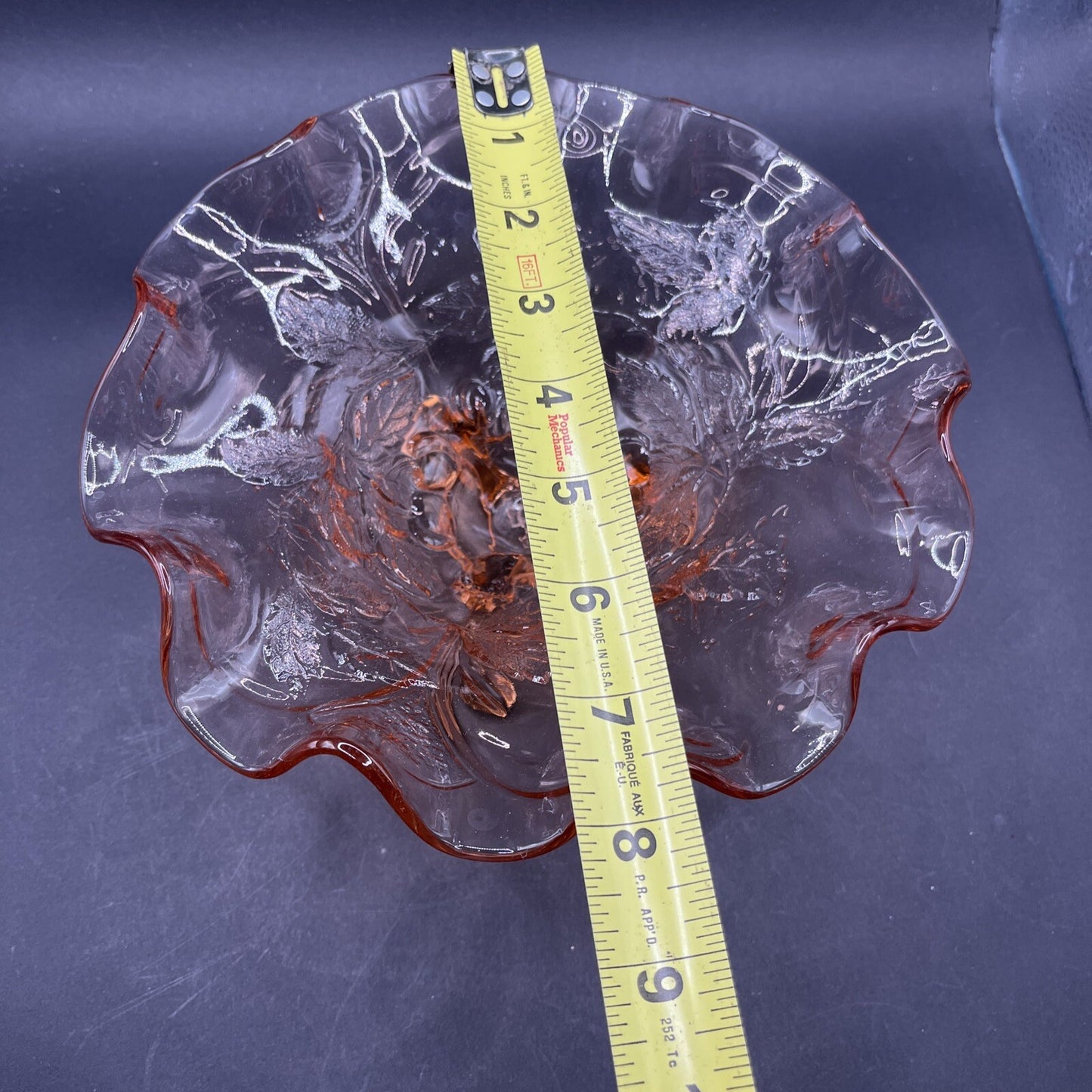 Pink Depression Glass Candy Serving Bowl Footed Cherries Leaves Ruffled Edge