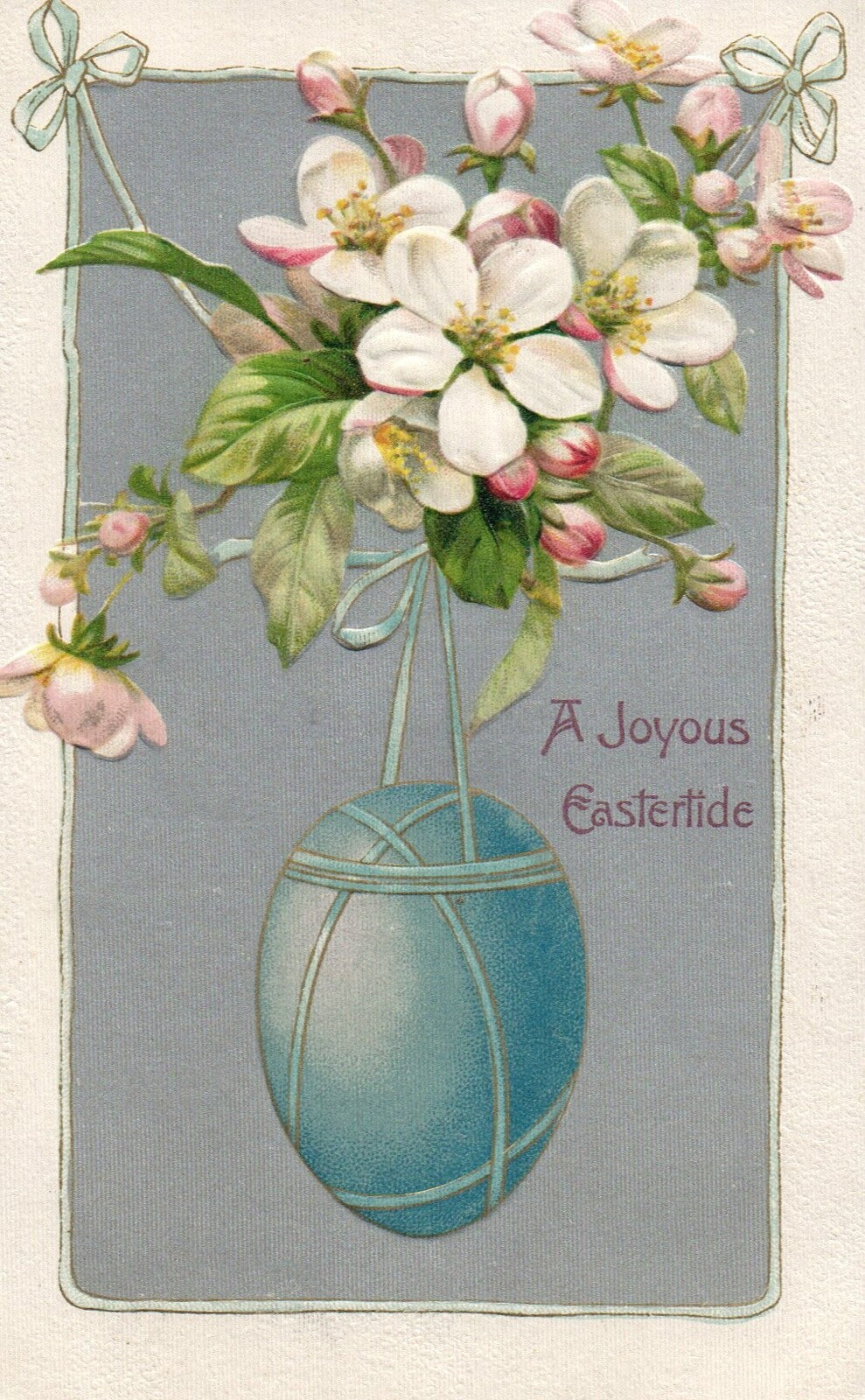 A Joyous Eastertide Beautiful Flowers with Blue Egg Vintage Easter Postcard