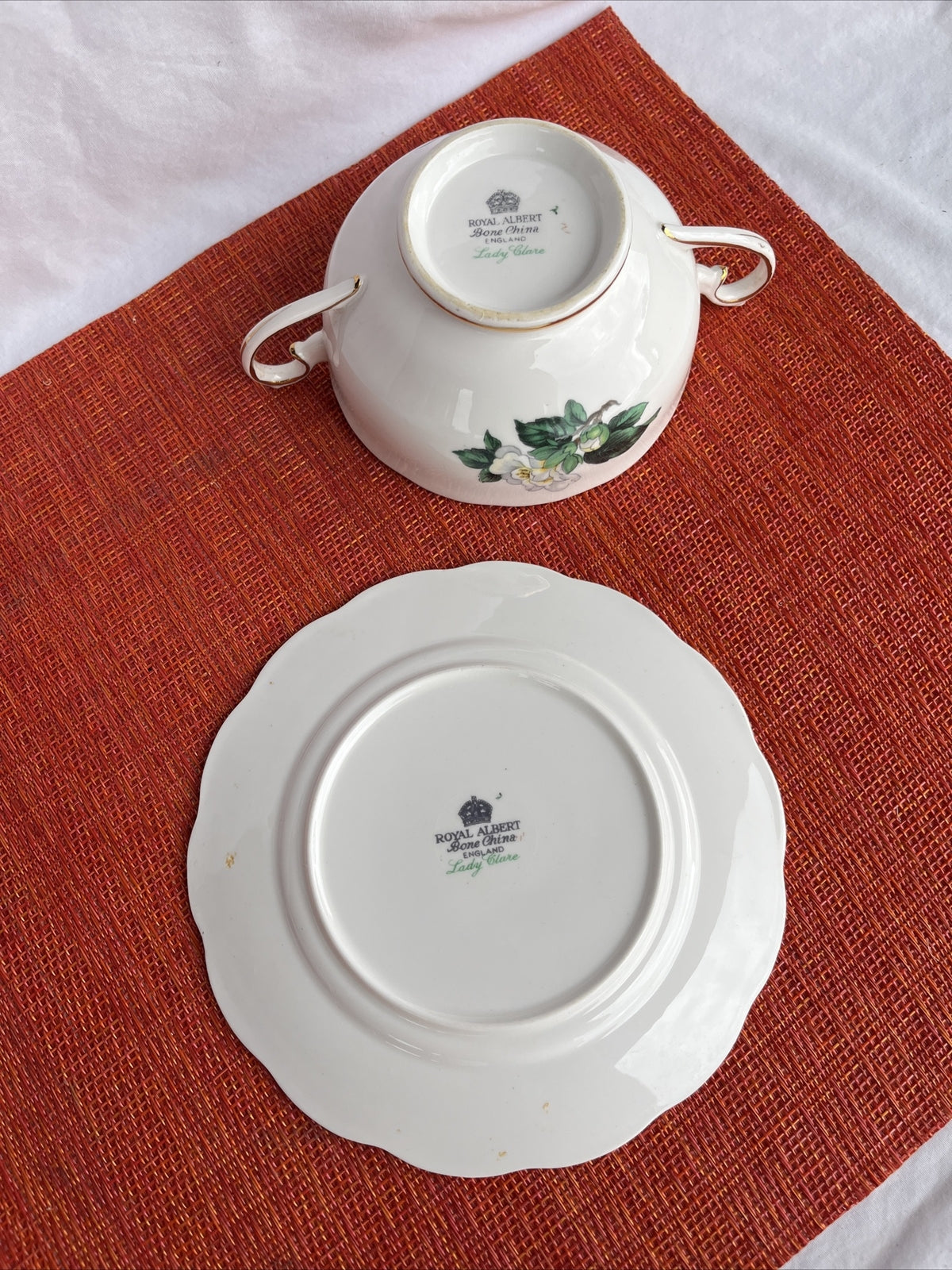 Royal Albert Lady Clare Two Handle Soup Bowl And Plate Gold Trim