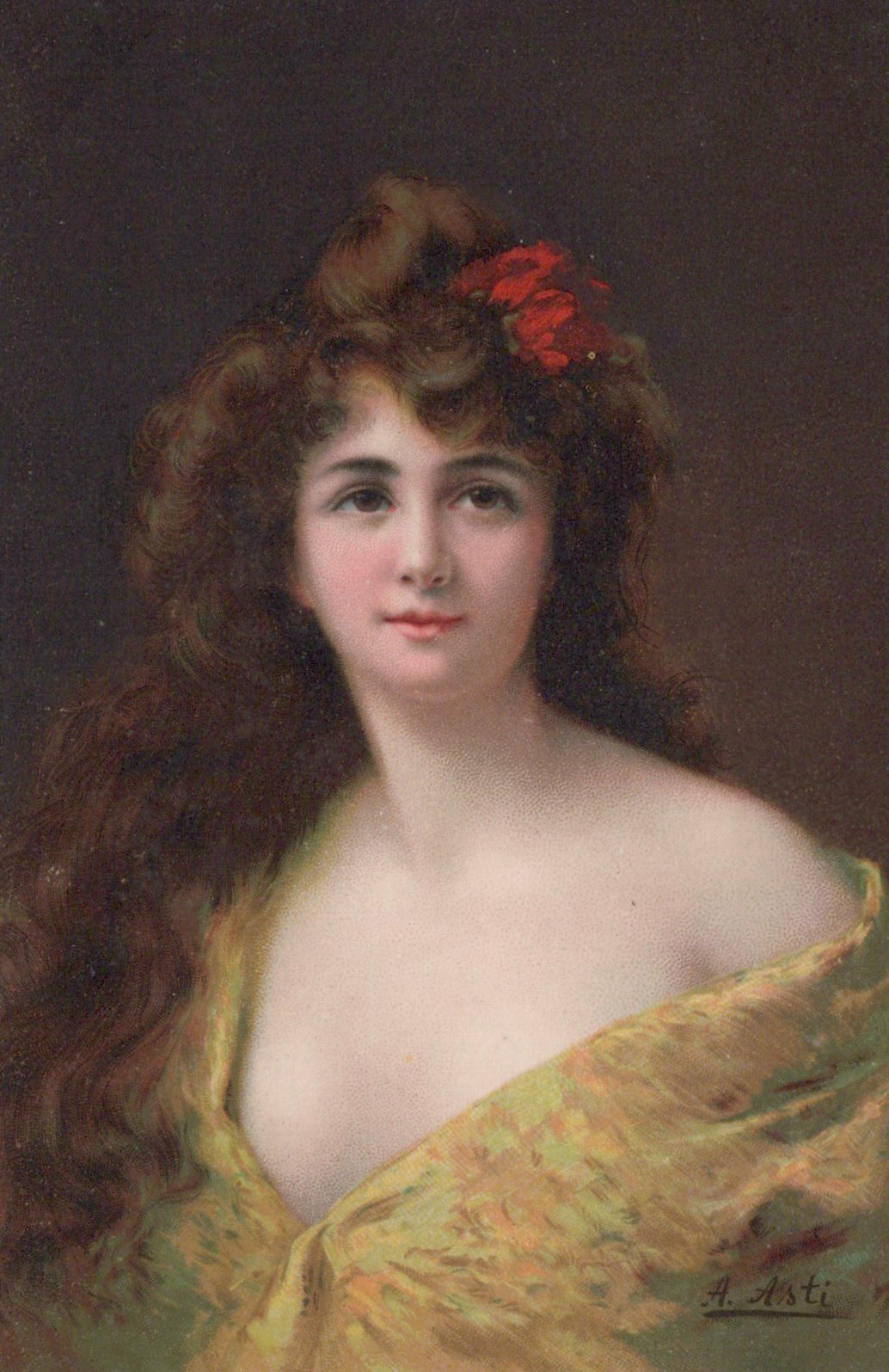 Artist Signed A Asti Pretty Lady in Yellow with Red Bow in Hair Series 1292