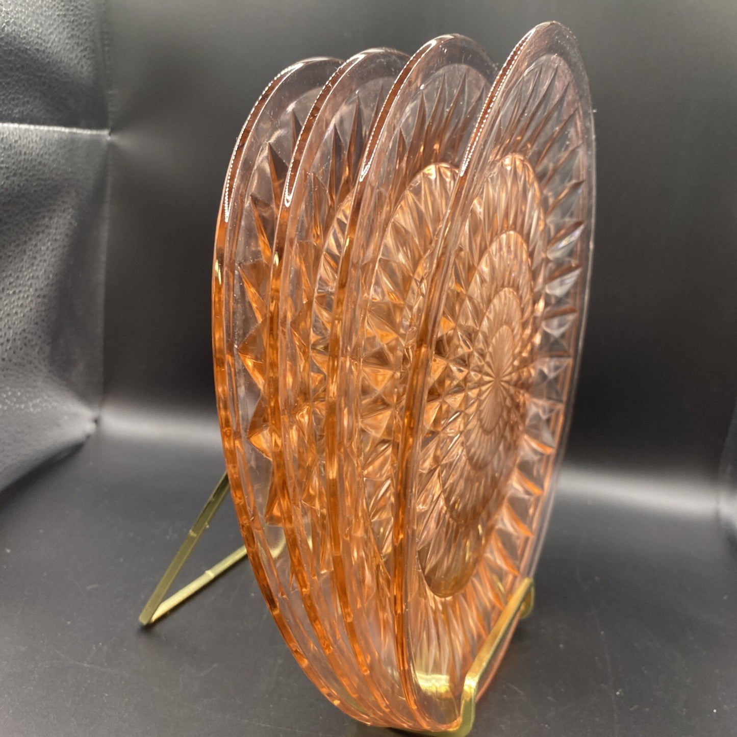 Lot of 4 9" Plates  Vintage Pink Depression Glass Cube Diamond Scalloped Edge