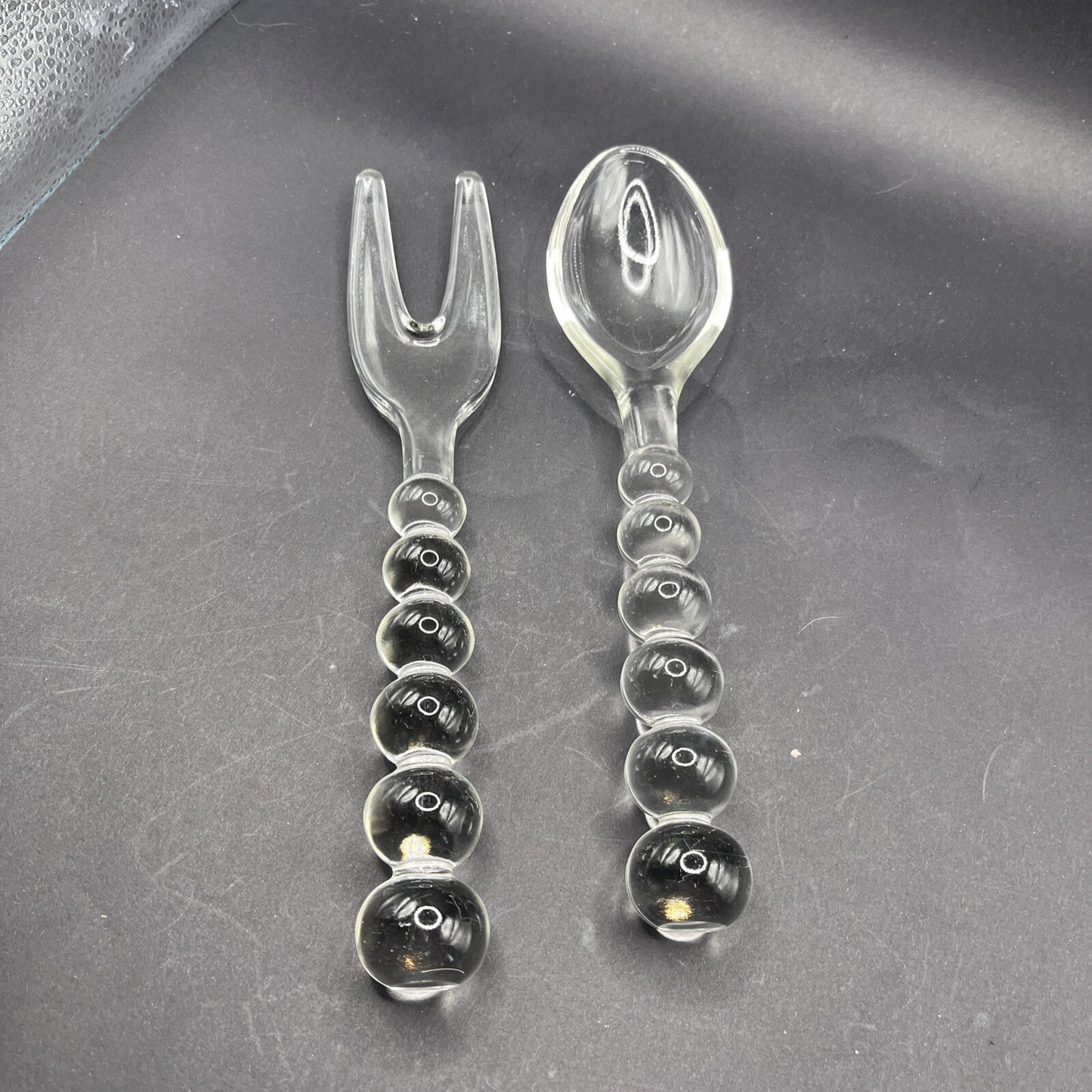 Vintage IMPERIAL GLASS CANDLEWICK Bubble Spoon & Fork Serving Set. Ex. Condition