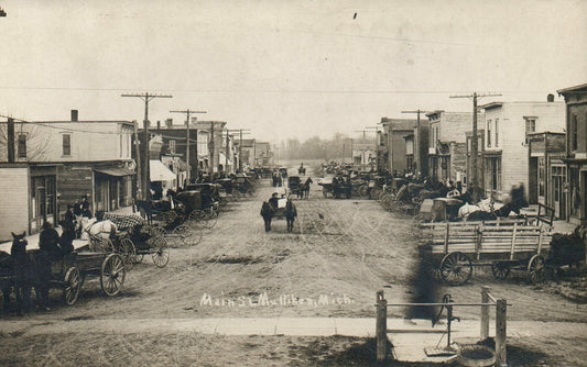 Early Real Photo Main Street Mulliken Michigan Postcard Horse wagon buggies 