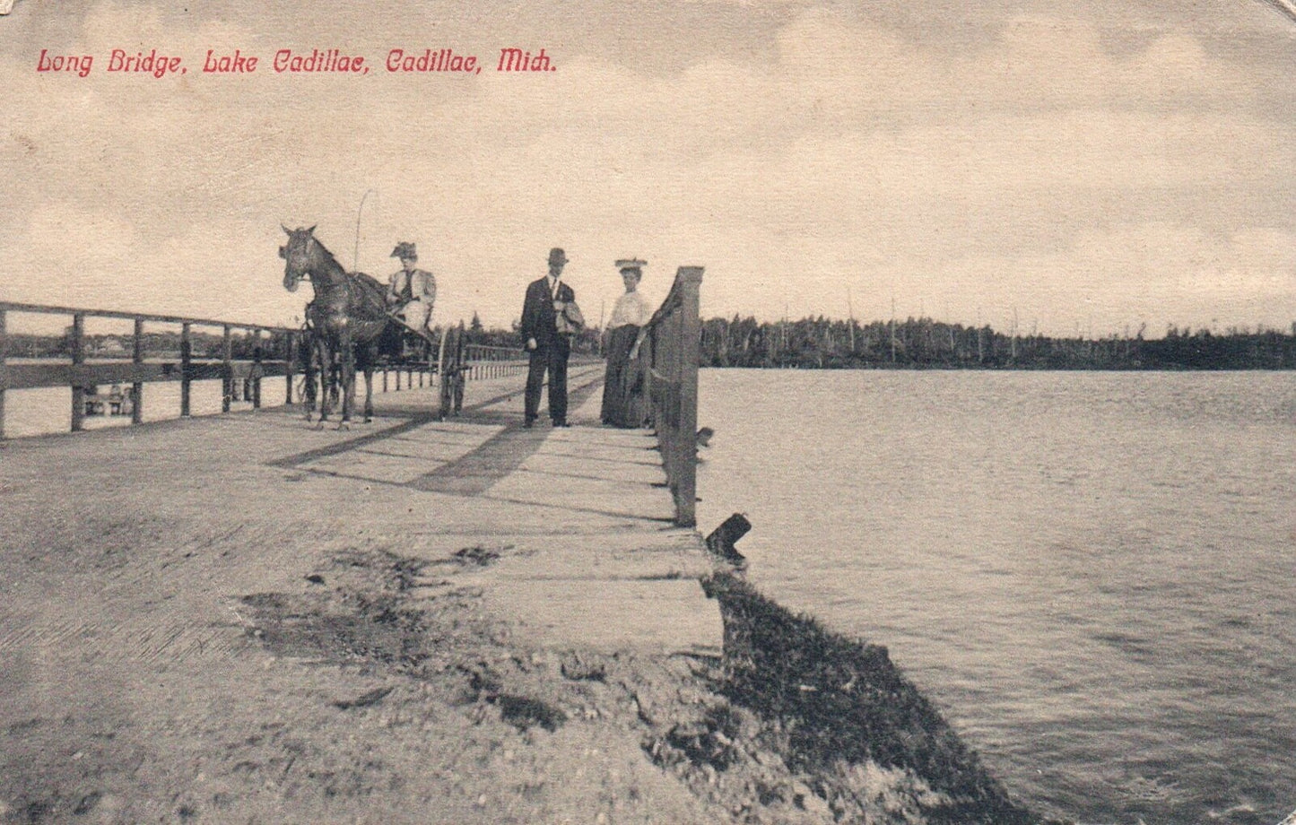 Long Bridge at Lake Cadillac Horse & People Cadillac MI Michigan Mich Postcard