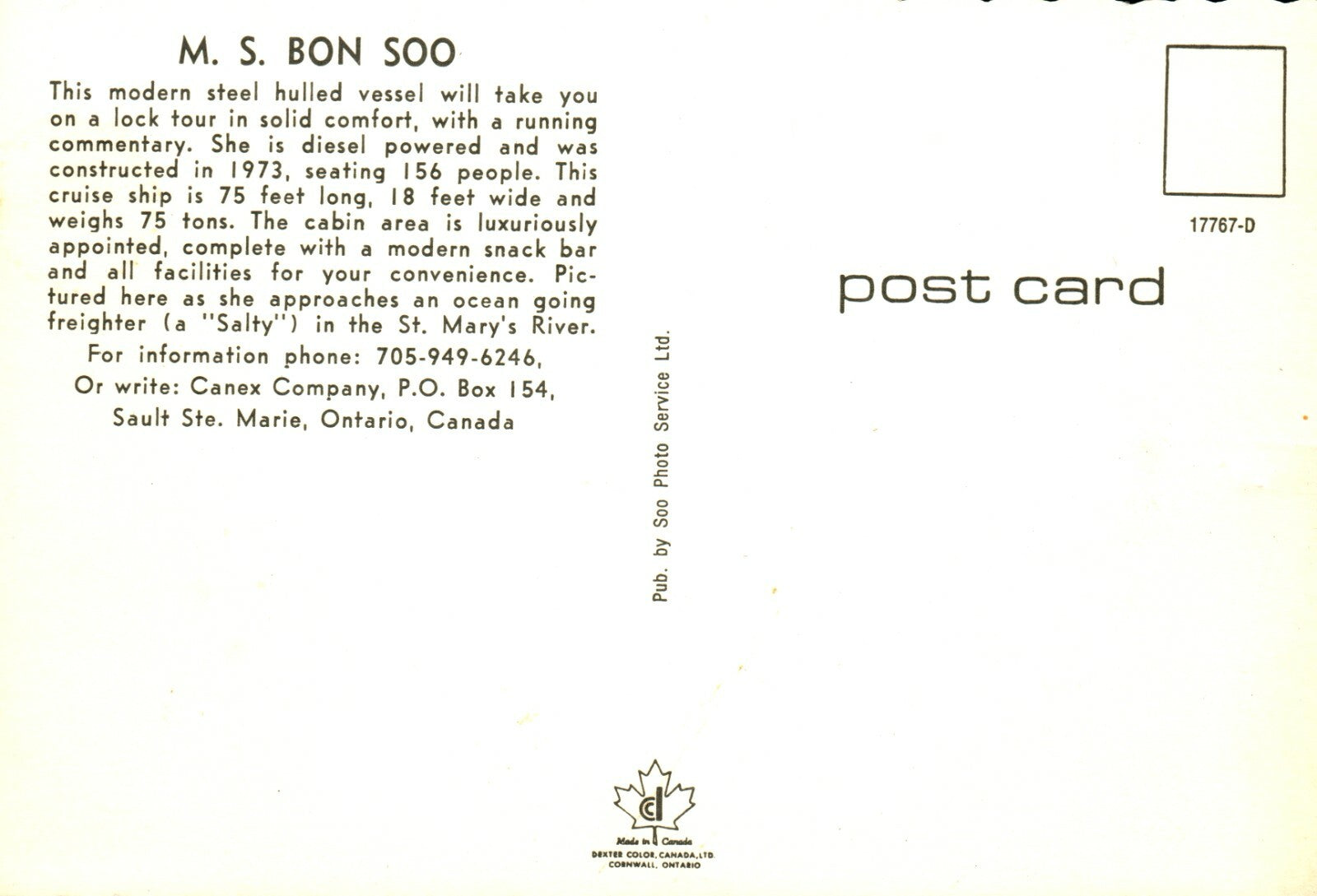 MS Bon SOO Sault Ste Marie Ontario Canada Ship Boat  Postcard