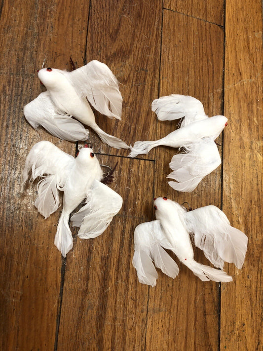 Vintage Christmas Wired DOVES Birds White Real Feathers Holiday Flocked