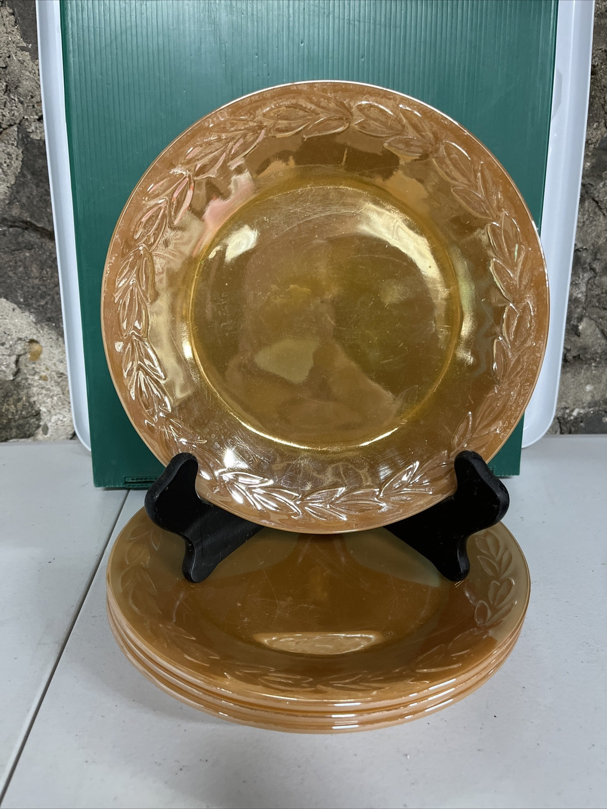 Fire King Peach Luster Dinnerware 9” Plates Laurel Leaf   Set Of 4