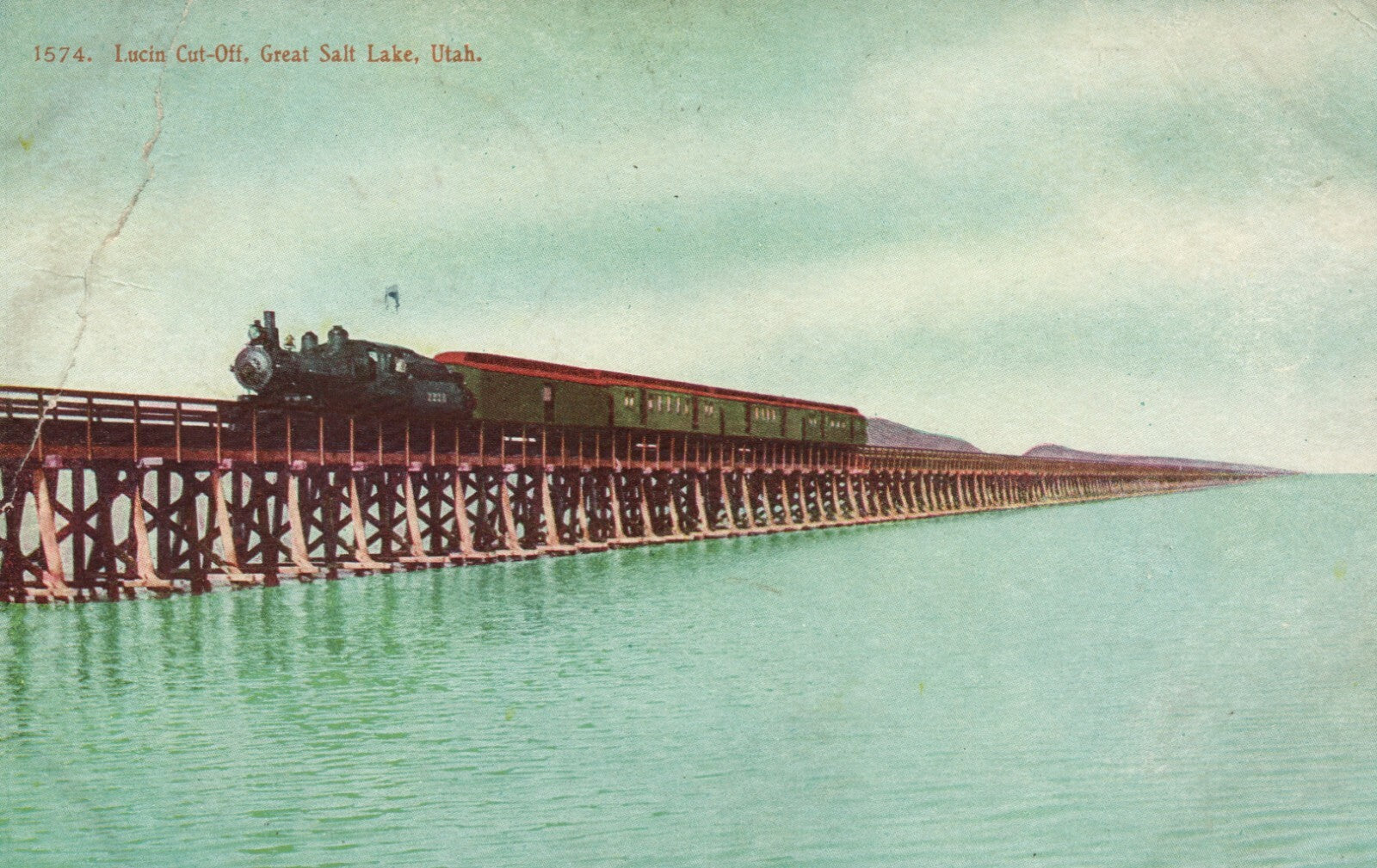 1574 Lucin Cut Off Great Salt Lake Train Going Over Water  UT Utah Postcard