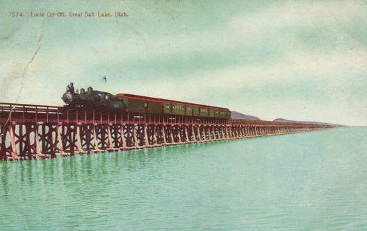 1574 Lucin Cut Off Great Salt Lake Train Going Over Water  UT Utah Postcard