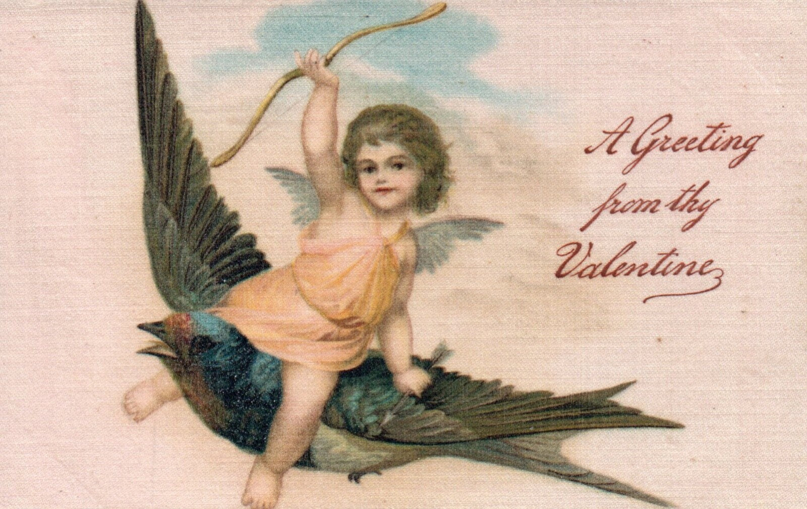 A Greeting From Thy Valentine Cherub Riding on Bird Silk Valentine Postcard