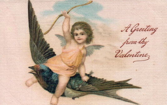 A Greeting From Thy Valentine Cherub Riding on Bird Silk Valentine Postcard