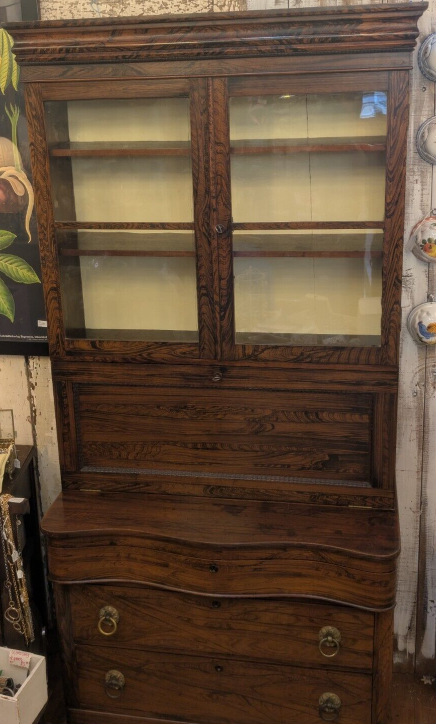 Victorian Antique Rosewood Grained Walnut Secretary Desk & Bookcase