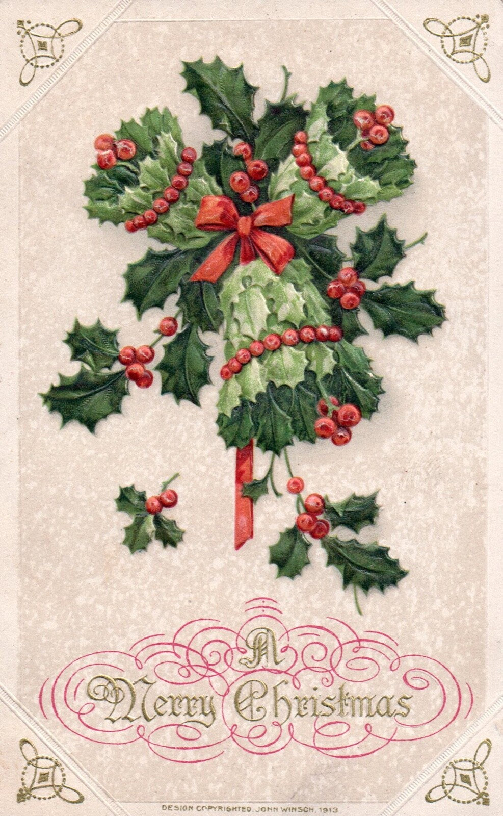 John Winsch A Merry Christmas Bundle of Holly Bells Vintage Postcard