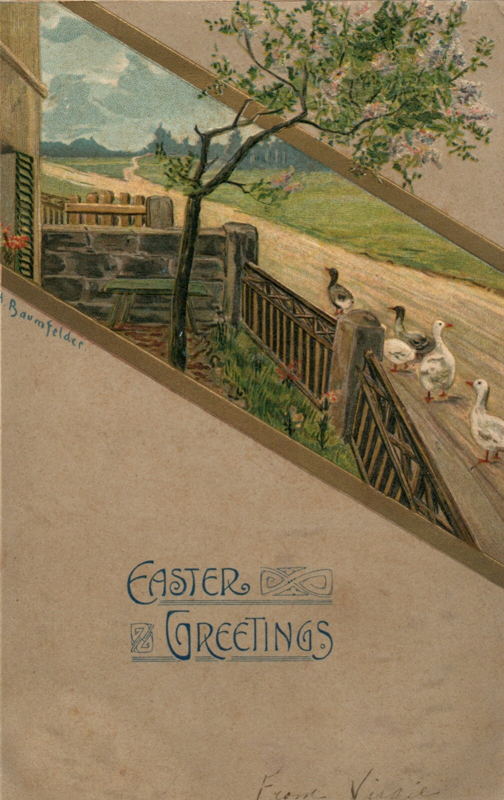 F 3005 Embossed Ducks Walking In A Row  Easter Greetings Postcard