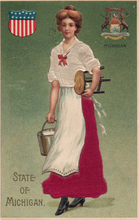 State of Michigan Silk Patriotic Woman Milk bucket and stool vintage Postcard