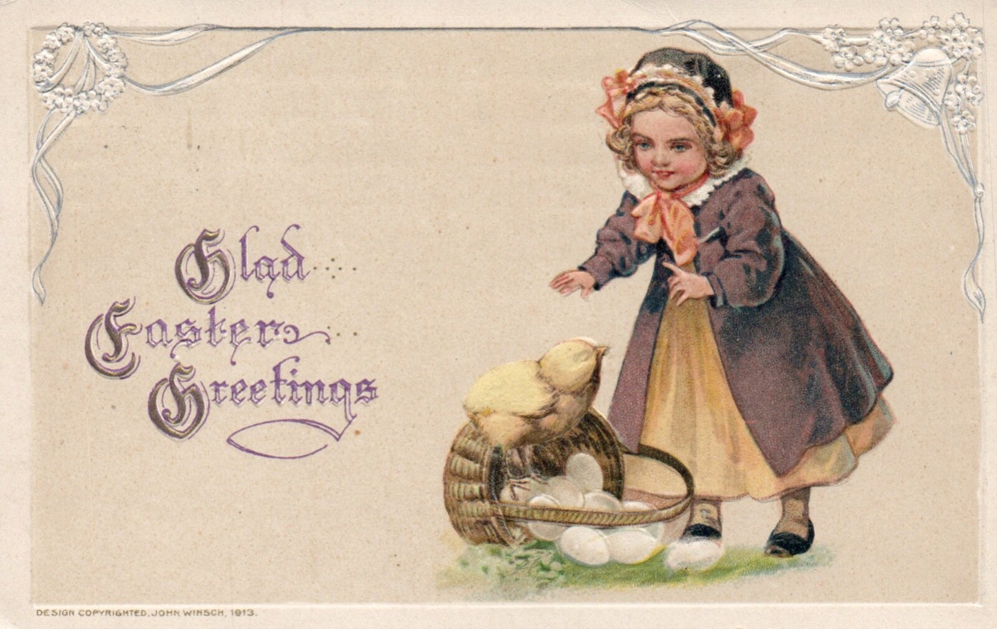John Winsch Glad Easter Greetings Little Girl With Chick & Eggs Vintage Postcard