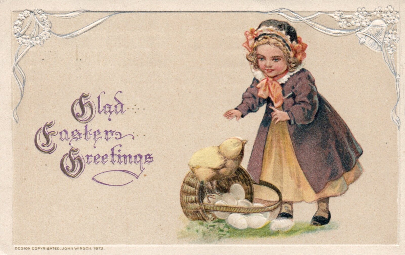 John Winsch Glad Easter Greetings Little Girl With Chick & Eggs Vintage Postcard