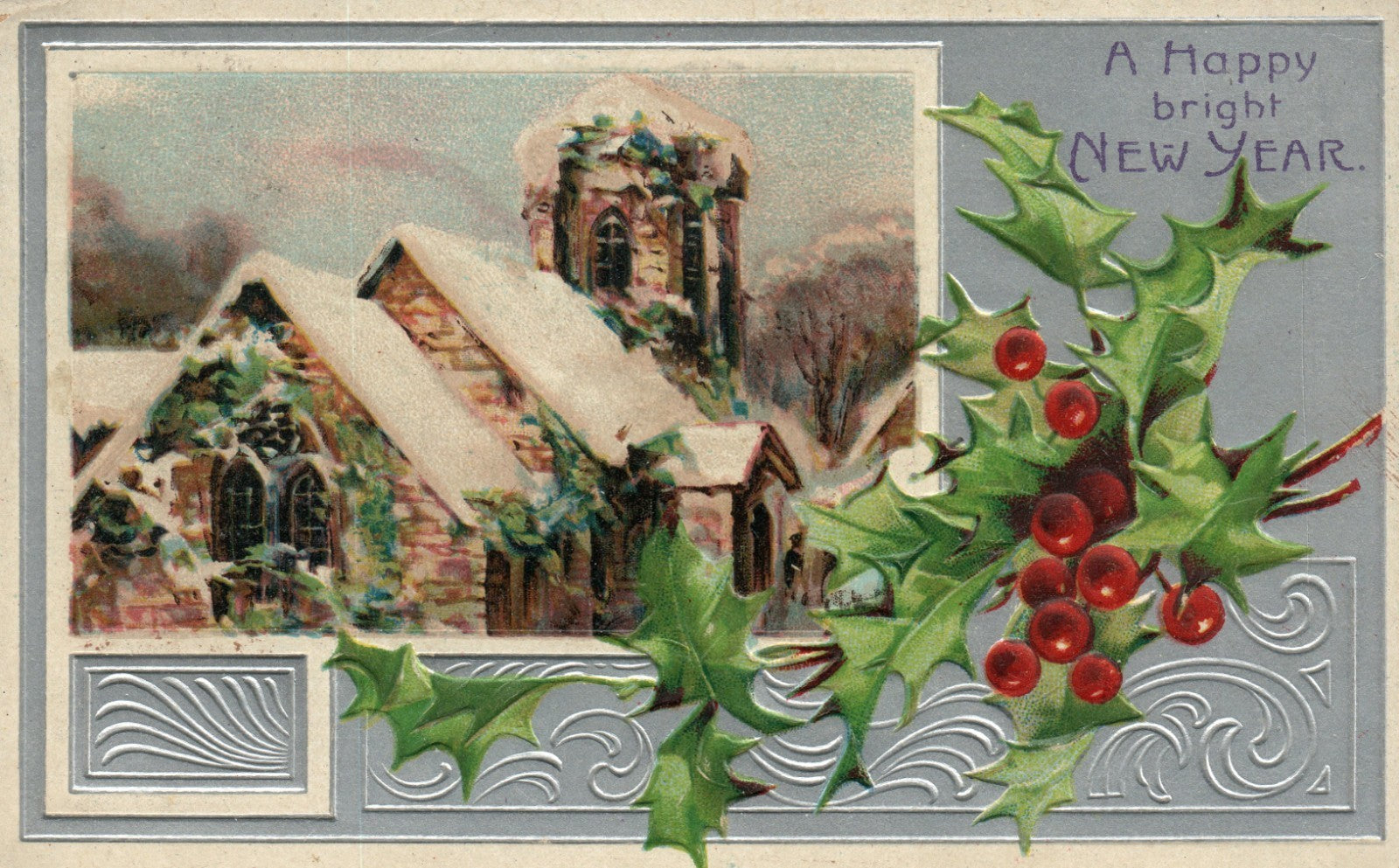 Silver Embossed Holly Brick Home Covered In Snow and Ivy New Year Postcard 